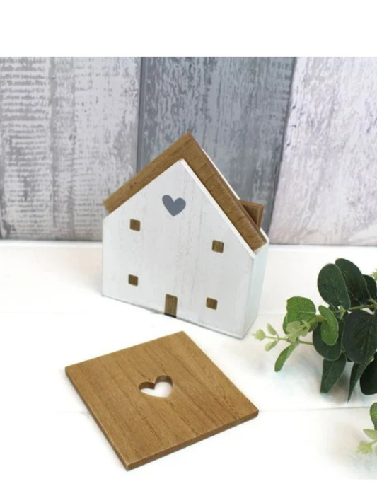 Square heart coasters in house holder in natural wood
