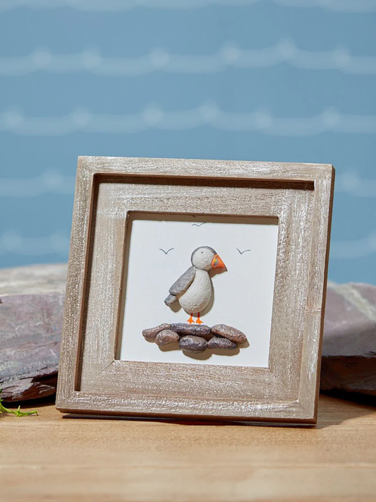 Pebble puffin on rocks framed wooden plaque