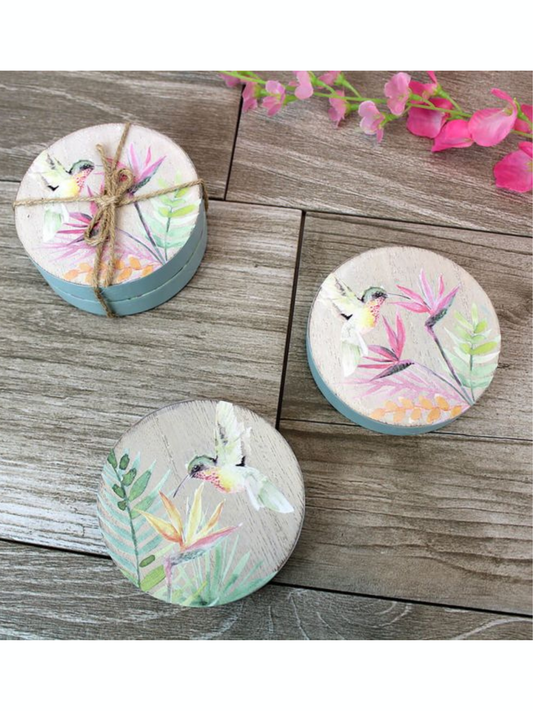 Hummingbird round wooden coasters two pack