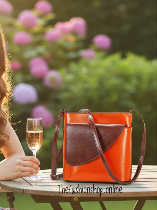 Ladies Binocular Cross Body Bag in Orange and Tan