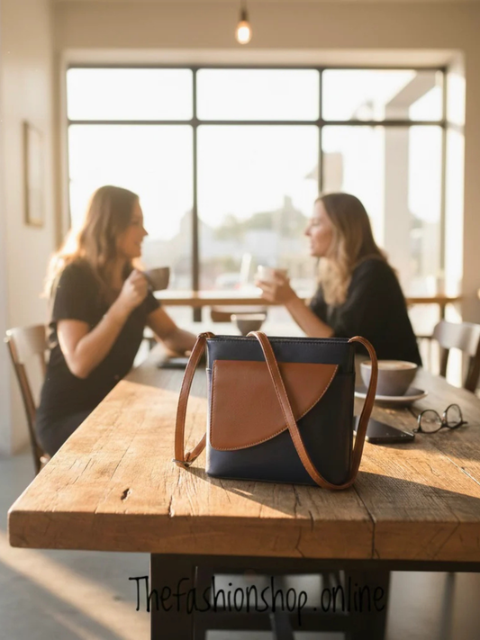 Ladies Binocular Cross Body Bag in Navy and Tan