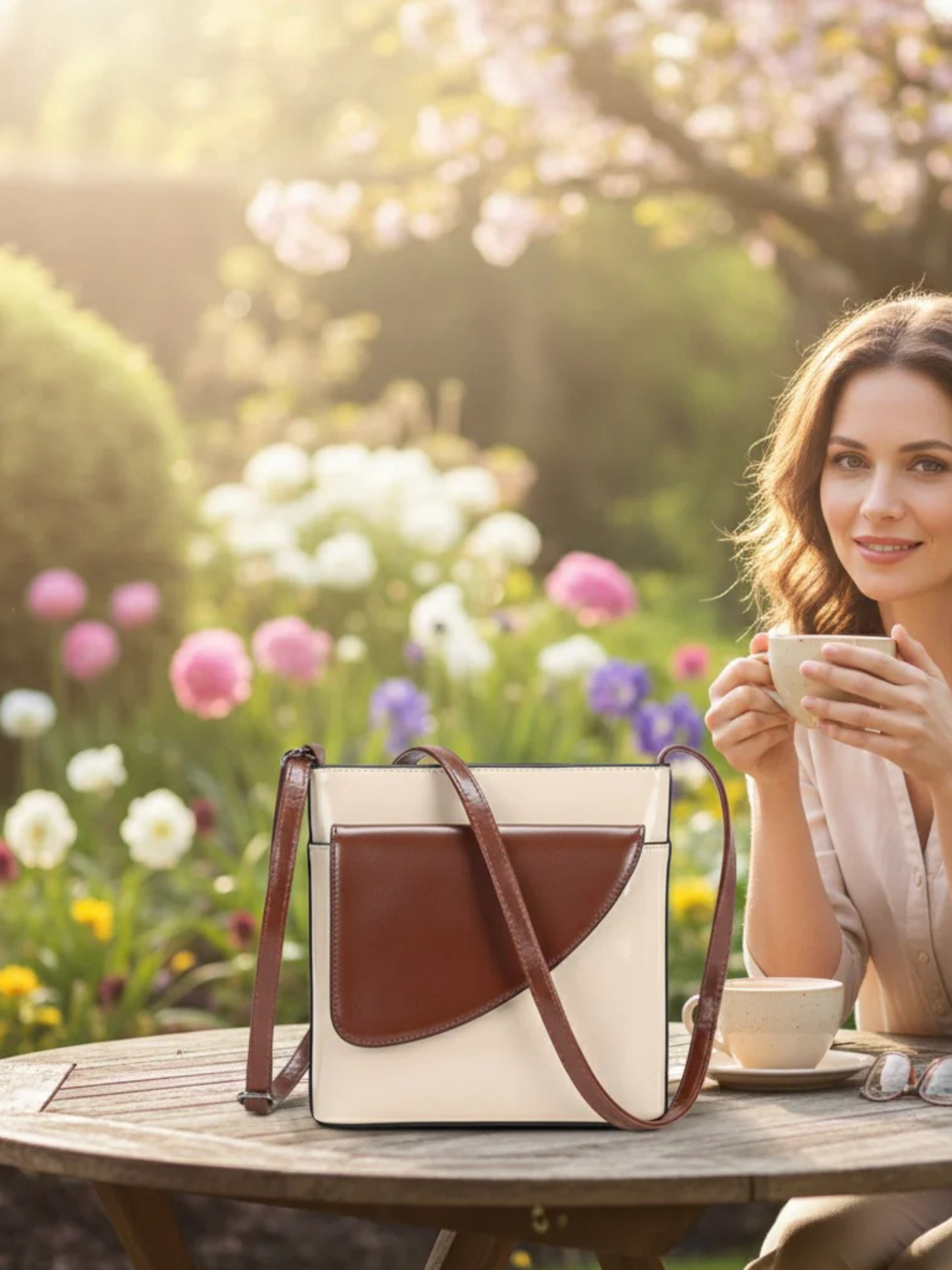 Ladies Binocular Cross Body Bag in Cream and Tan