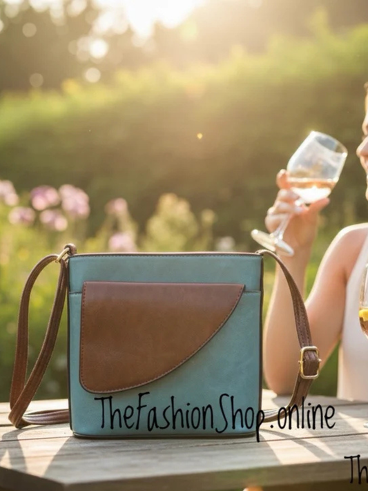 Ladies Binocular Cross Body Bag in Blue and Tan