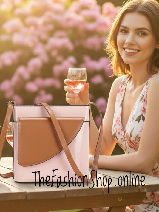 Ladies Binocular Cross Body Bag in Pink and Tan