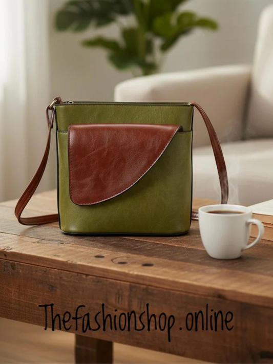 Ladies Binocular Cross Body Bag in Green and Tan