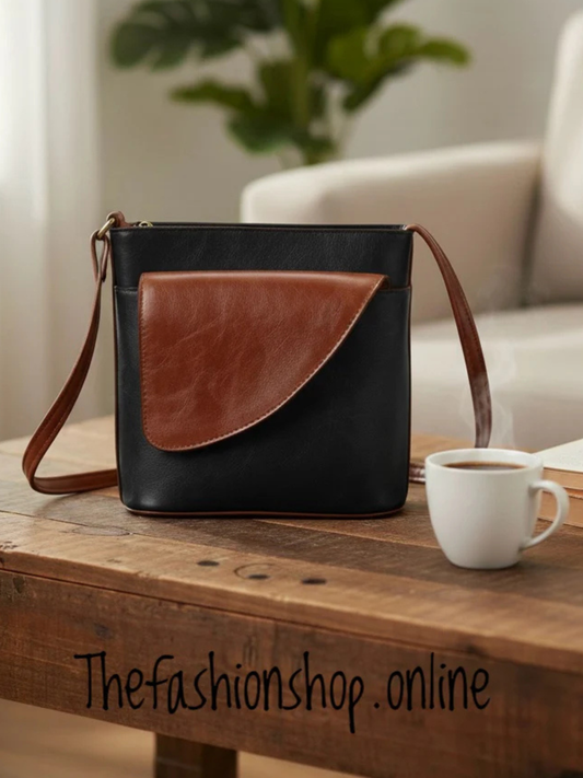 Ladies Binocular Cross Body Bag in Black and Tan