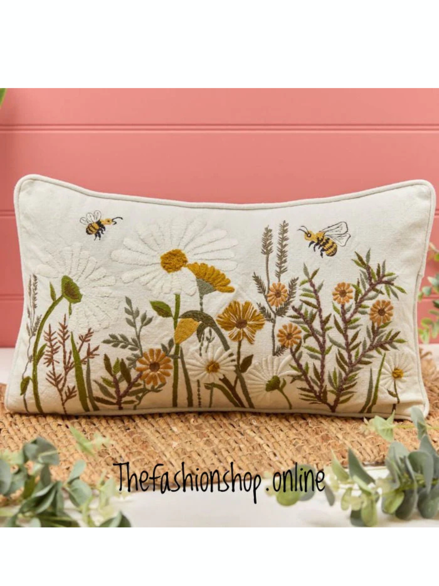 Meadow embroidered rectangular cushion