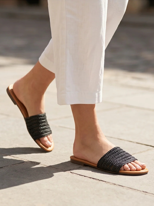 Isabella black raffia slip on sandals sizes 3-8 (36-41)
