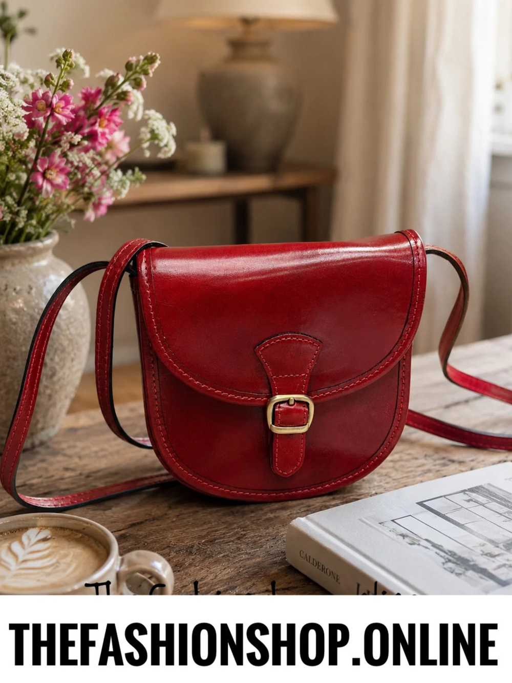 Vintage-Style Italian Leather Saddle Crossbody Bag in Oxblood Red
