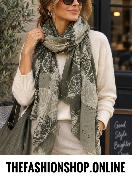 Khaki and cream leaves lightweight scarf