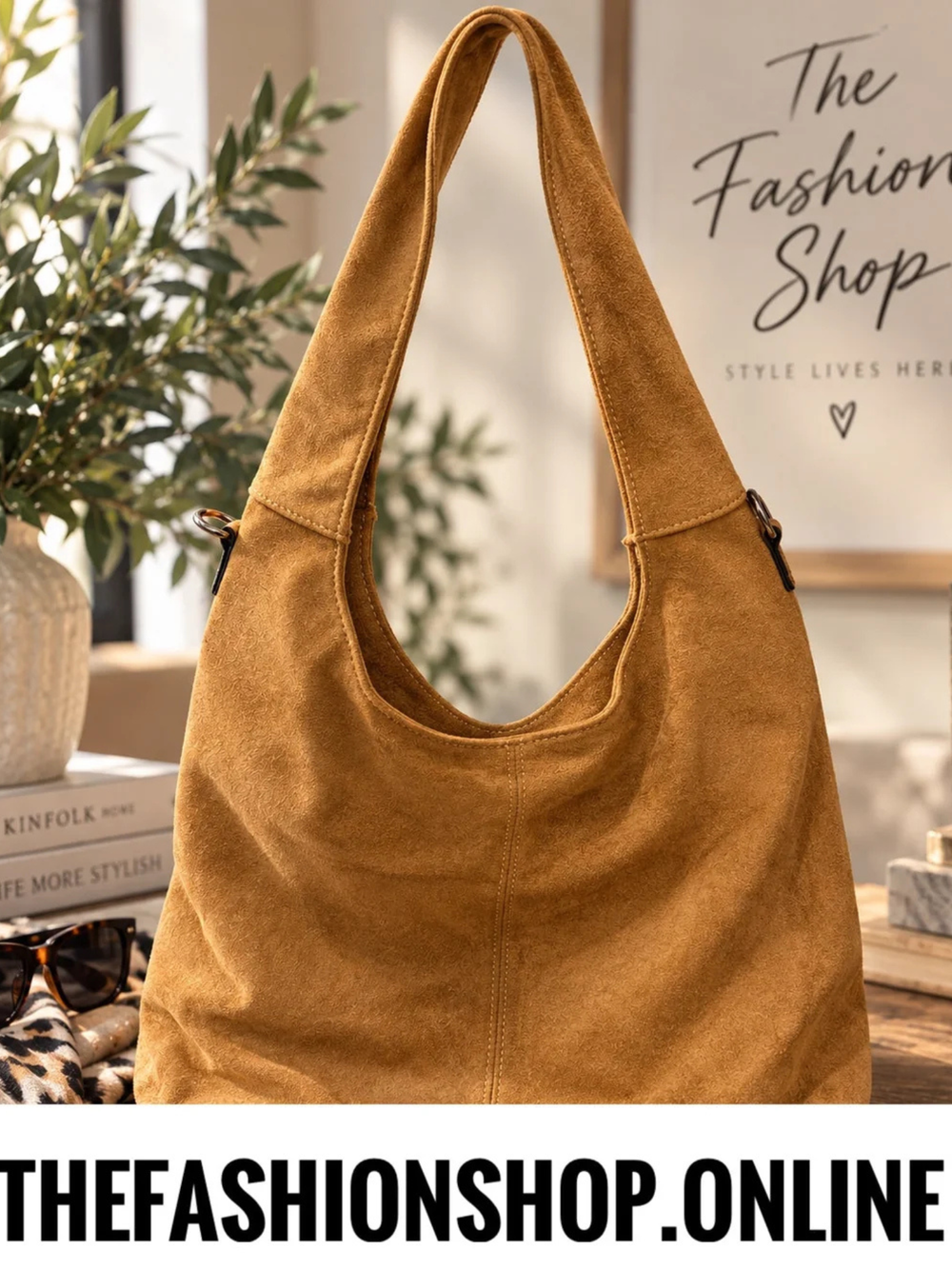 The Rowan Faux Suede Shoulder Bag in Camel