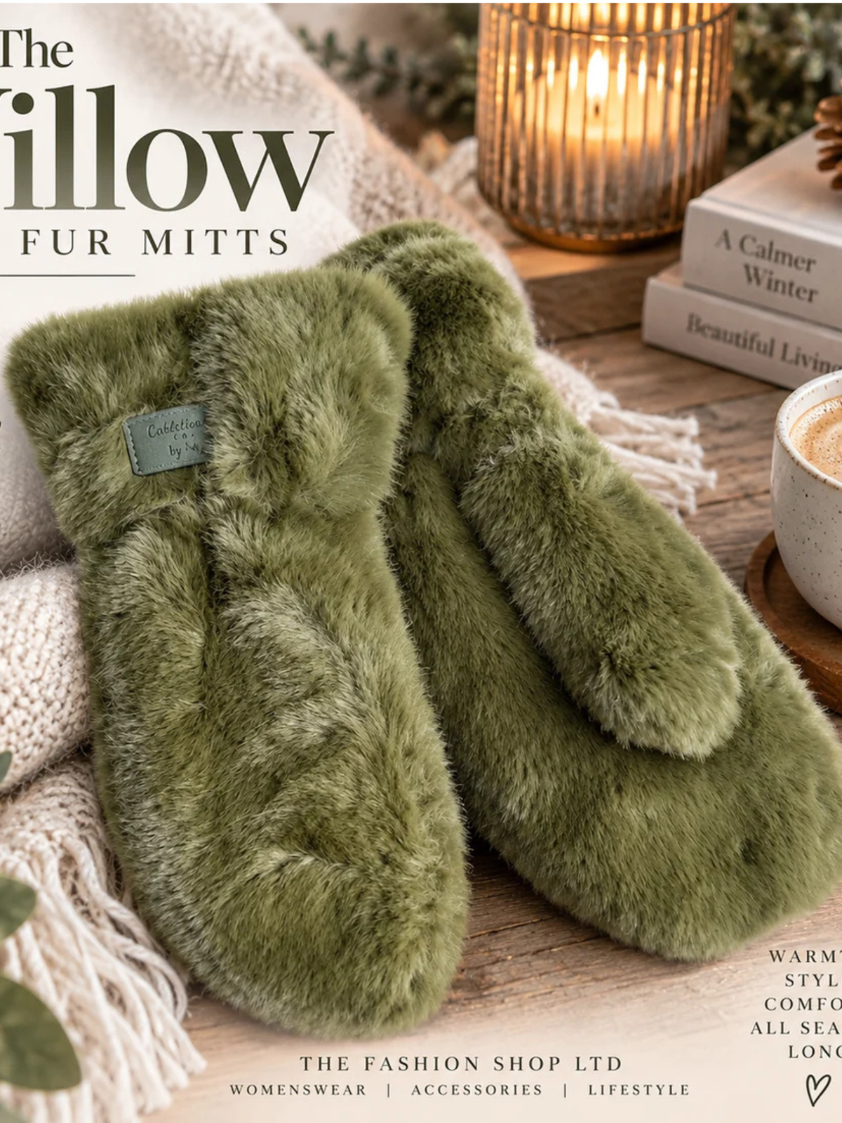 The Willow Faux Fur Mitts in Moss Green