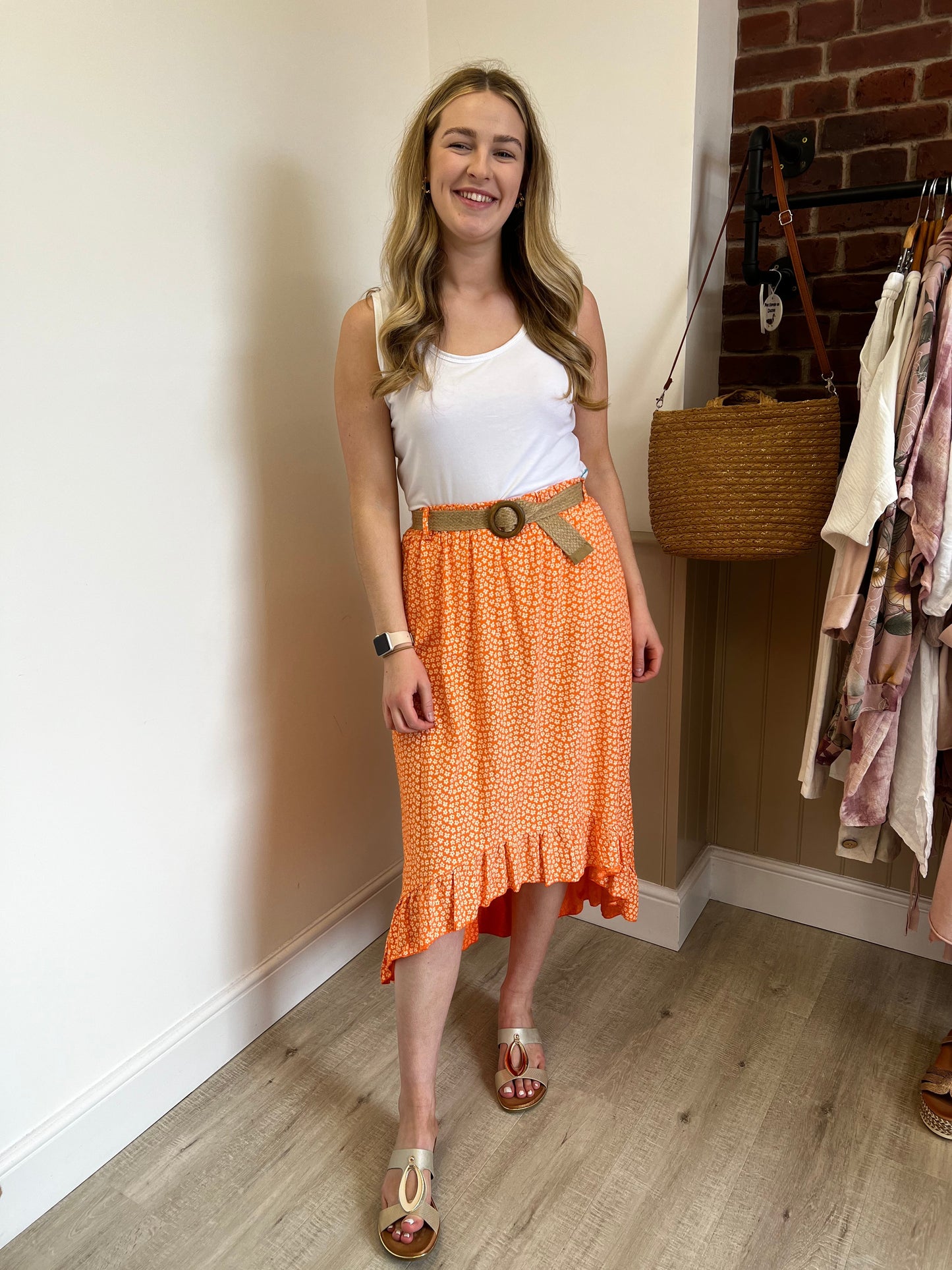 Orange ditsy skirt with belt 10-16