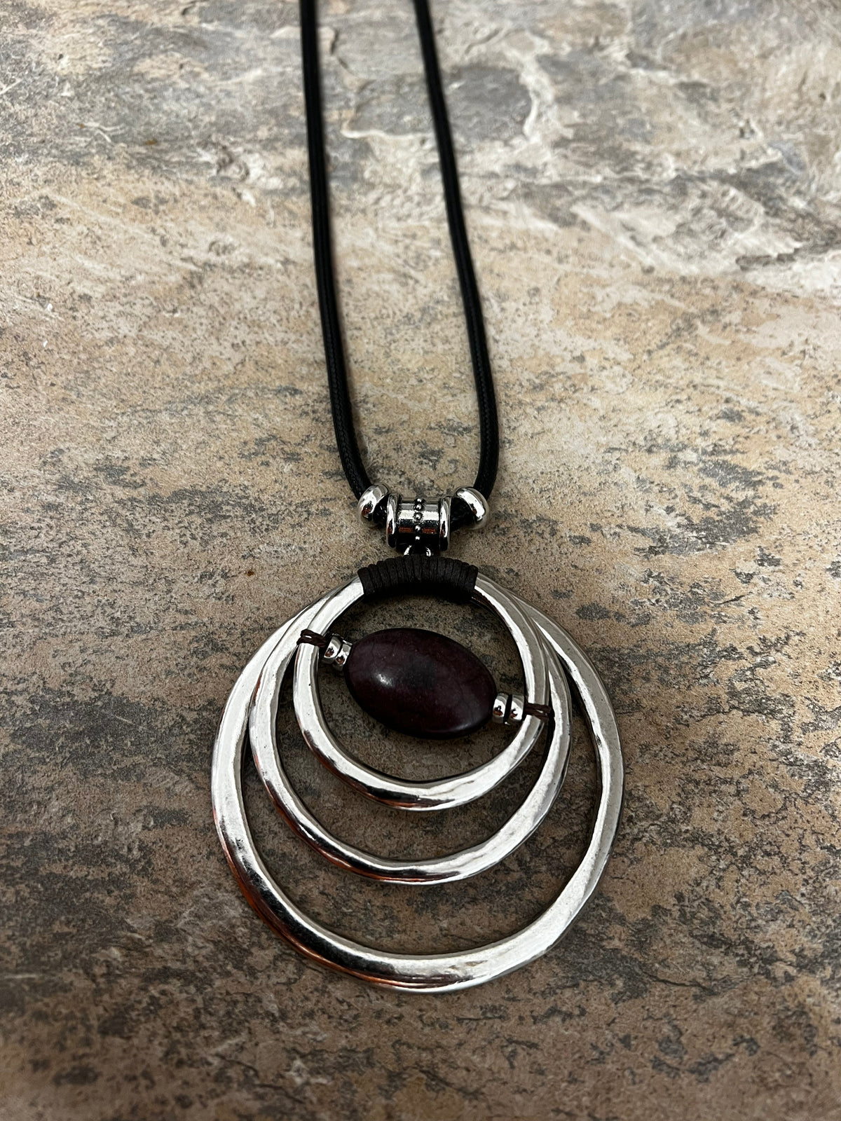 Silver with brown bead circles necklace