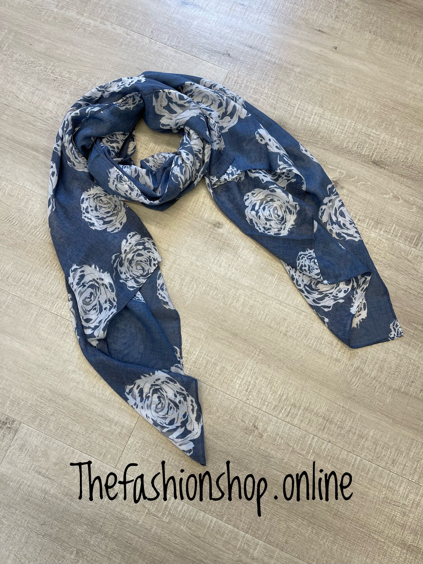 Denim blue with white roses scarf