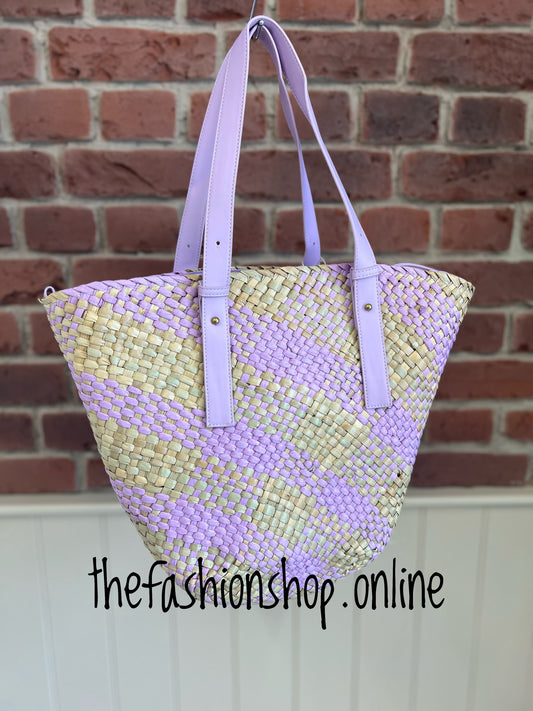 Straw shopper with lilac handles