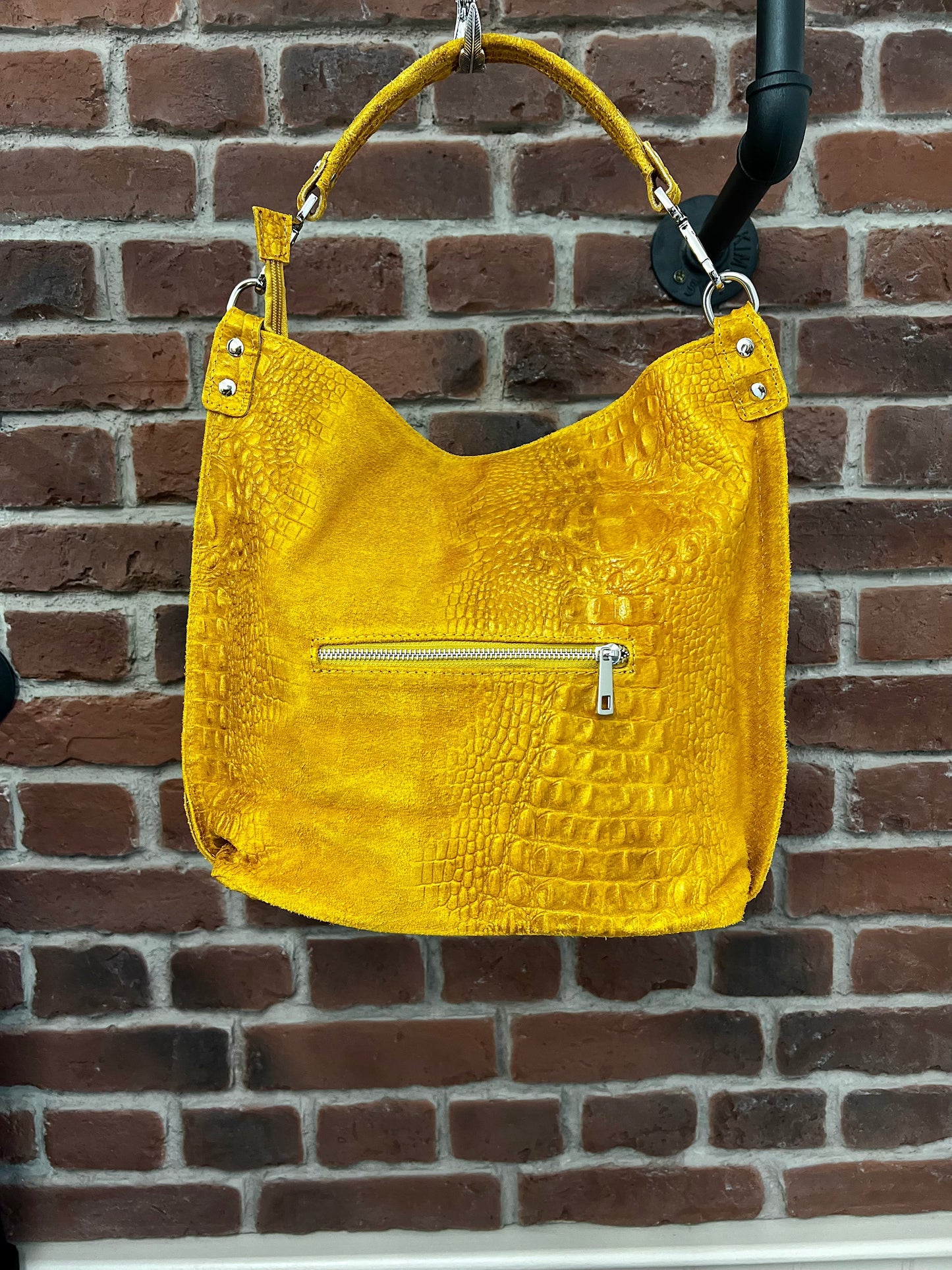 Mustard leather suede croc hobo bag
