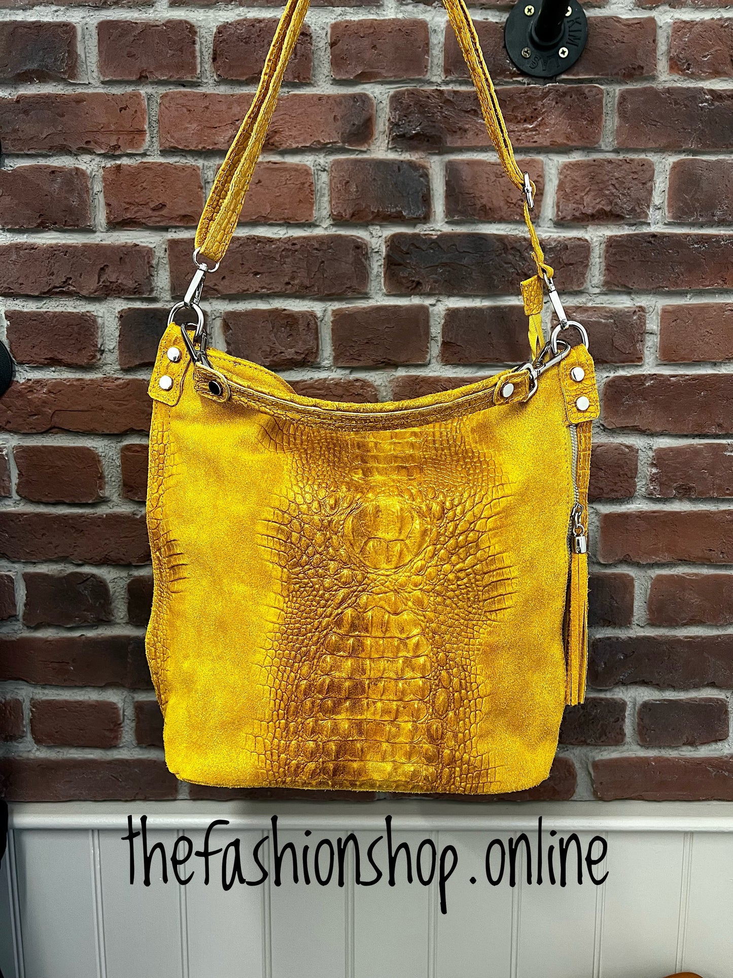 Mustard leather suede croc hobo bag