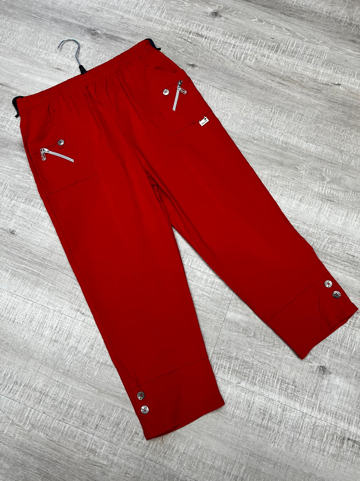 Red stretchy button detail cropped trousers sizes 10-26