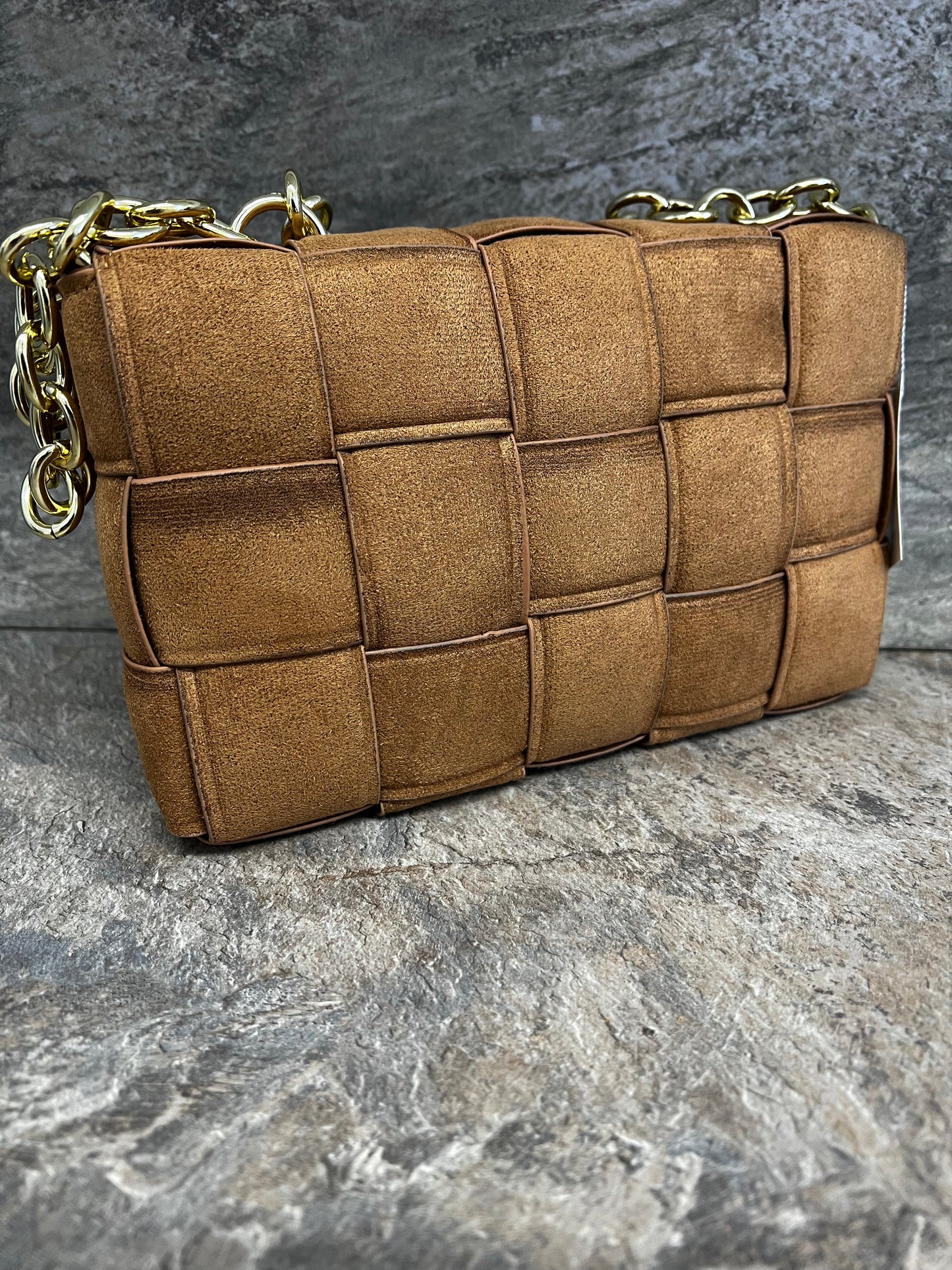 Tan faux suede woven bag