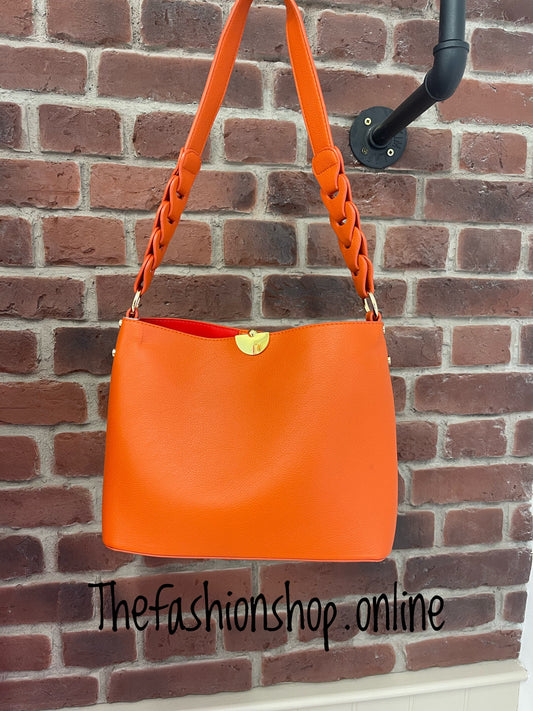 Orange bag in bag with woven strap