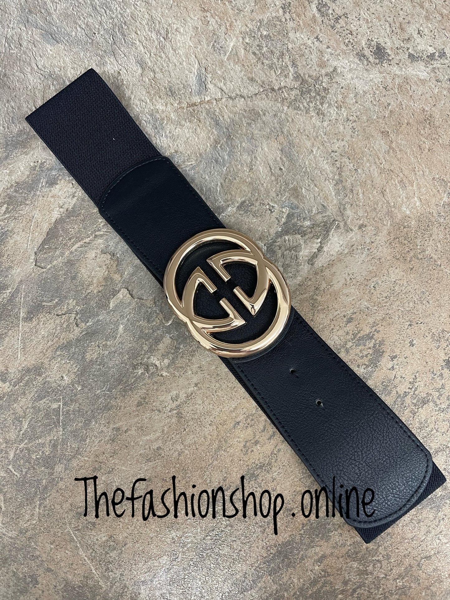 Black elasticated belt with gold logo buckle