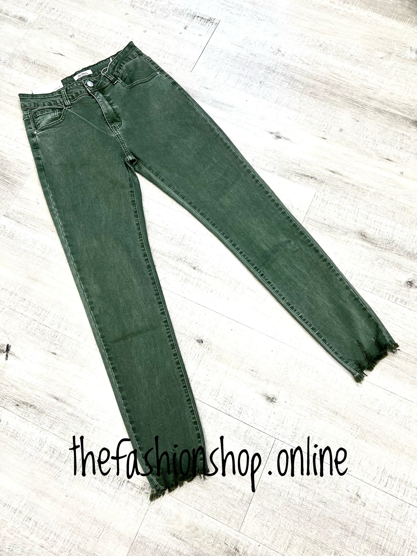 Khaki green premium ladies fit frayed edge jeans 10-20