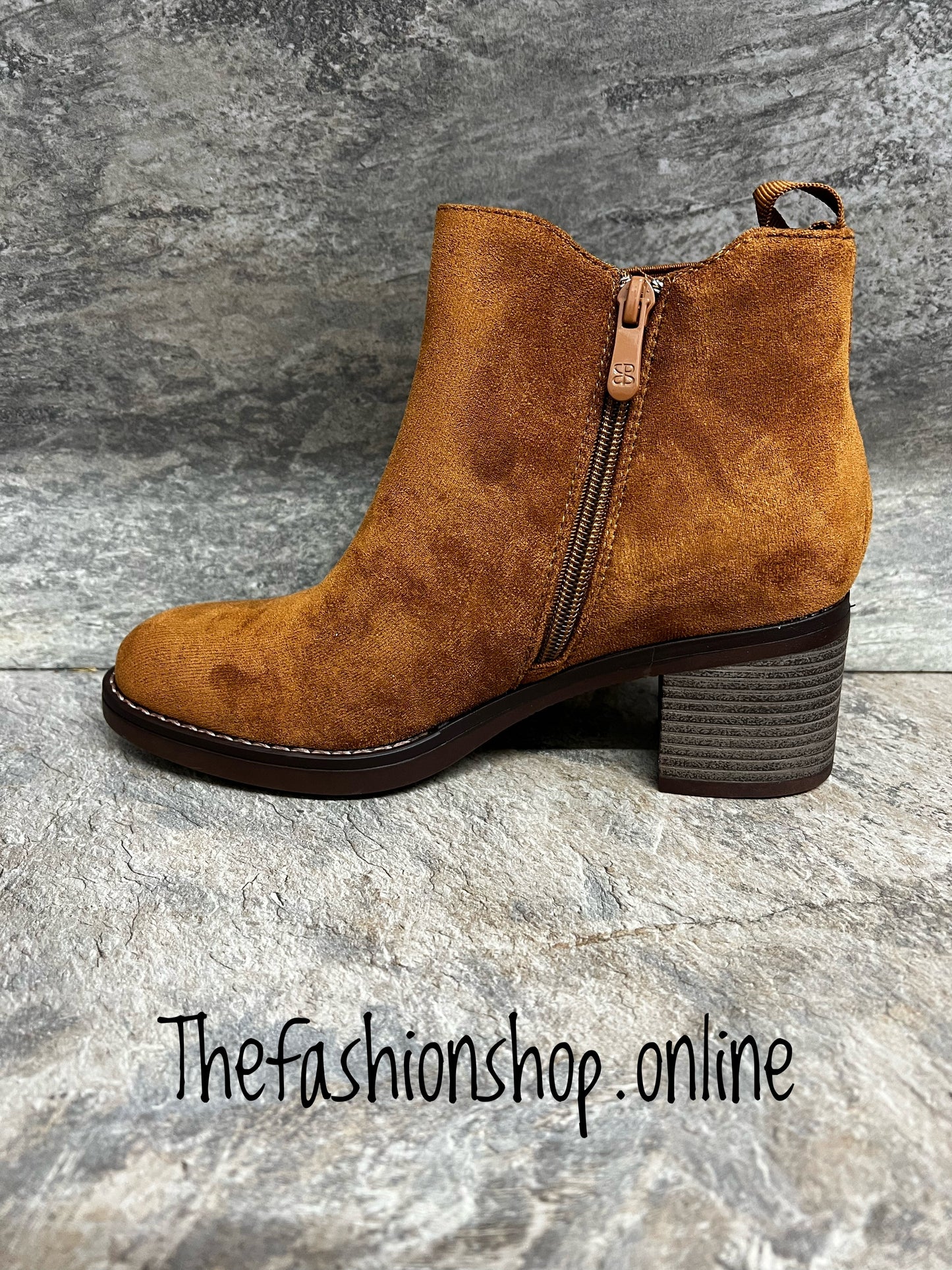 Brown mock suede chunky heel ankle boot 3-8