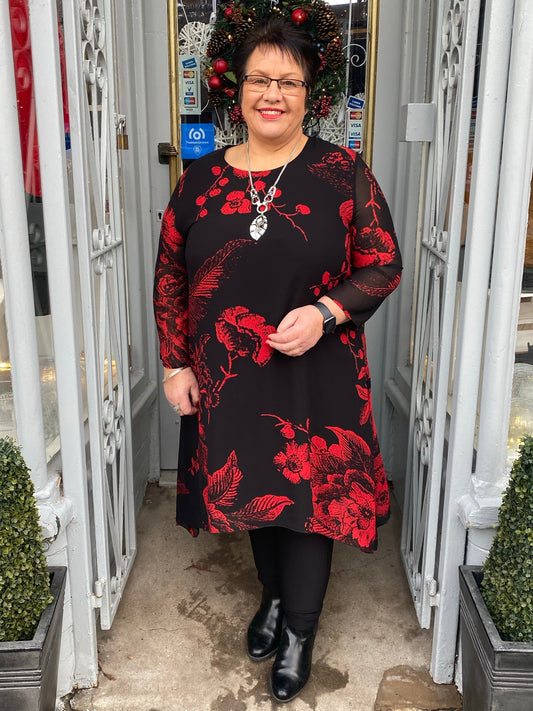 Saloos black red flowers tunic dress sizes 12-22