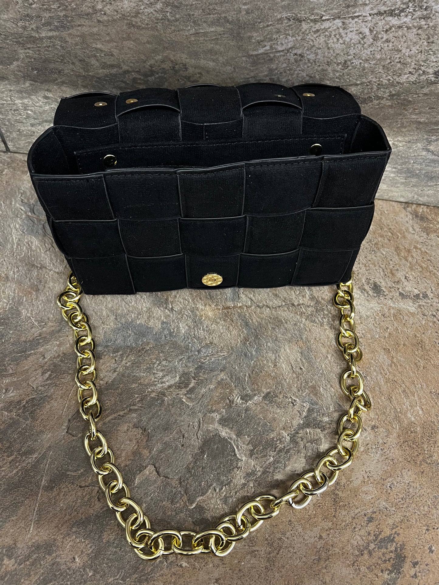 Black faux suede woven bag