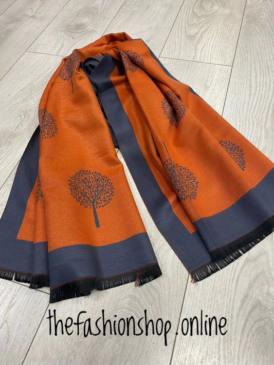 Orange and grey cashmere tree of life scarf