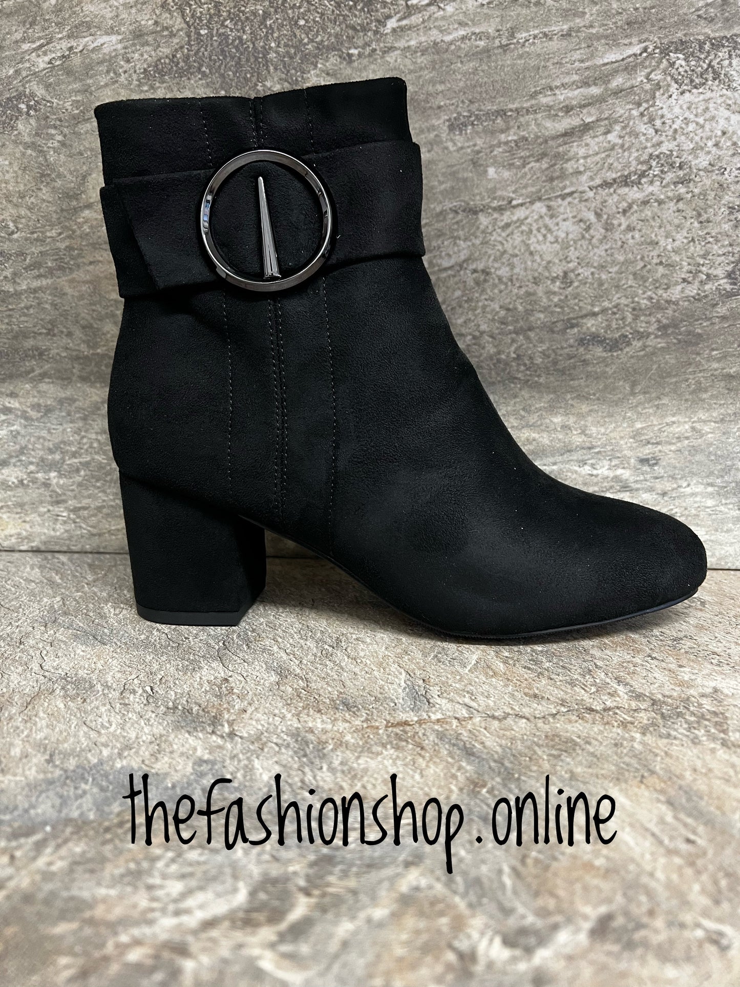 Tina black heeled buckle boot sizes 4-8