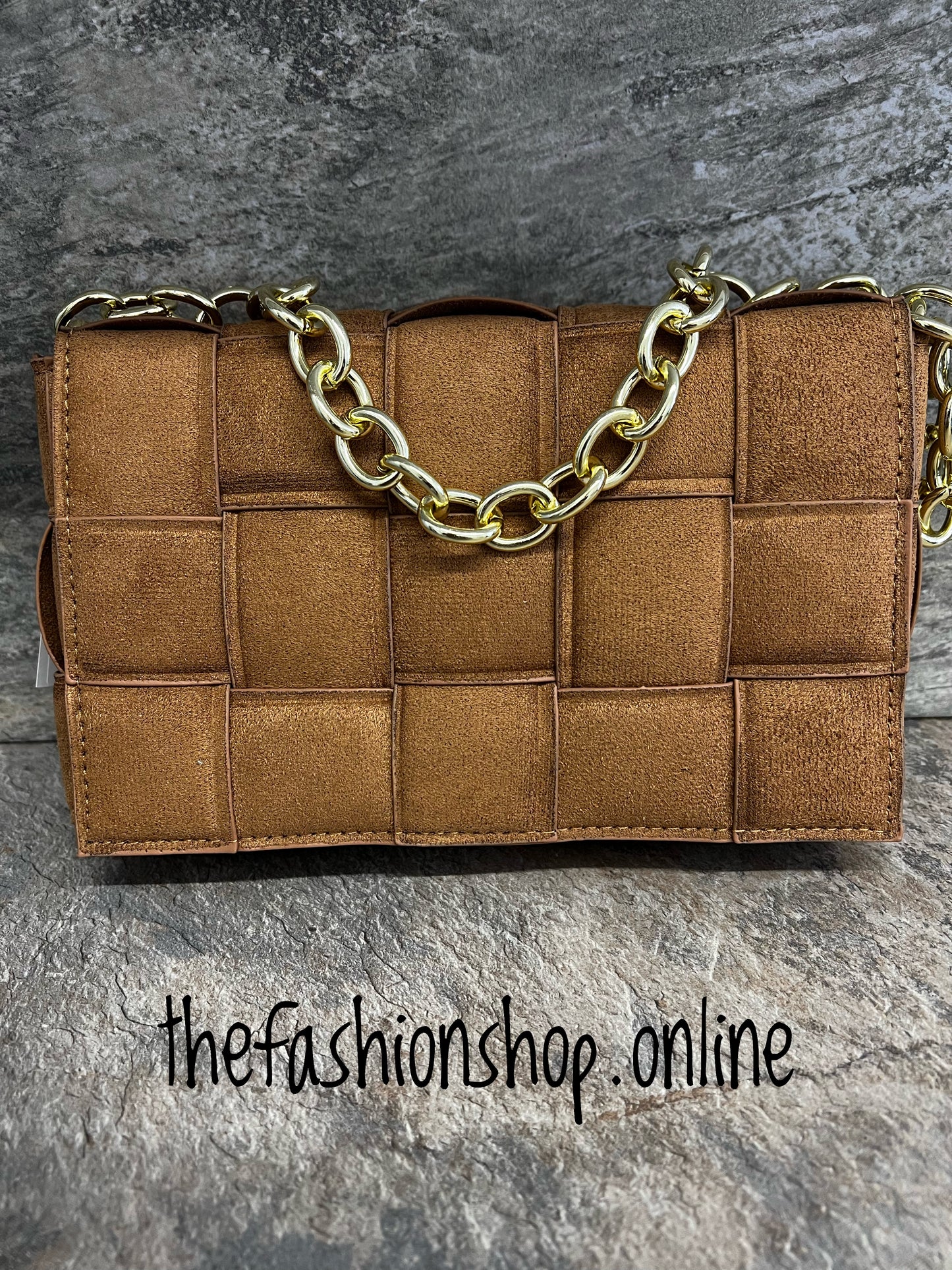 Tan faux suede woven bag