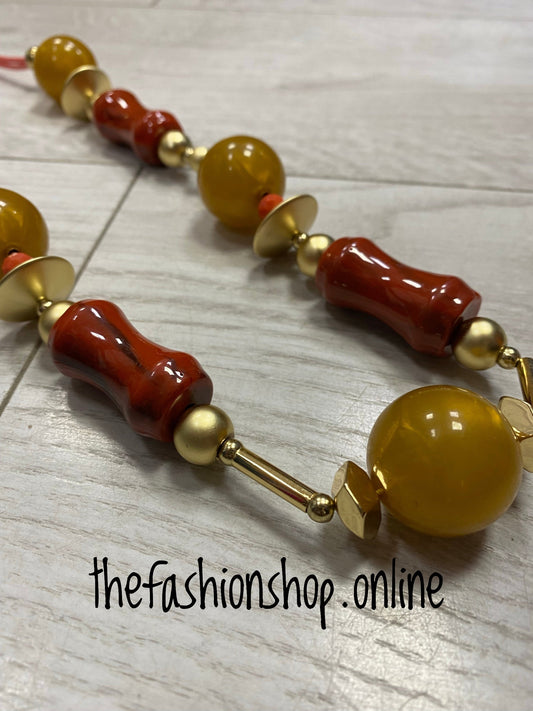 Gold, mustard and rust long necklace