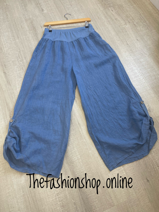 Denim blue linen wide leg trousers 10-18
