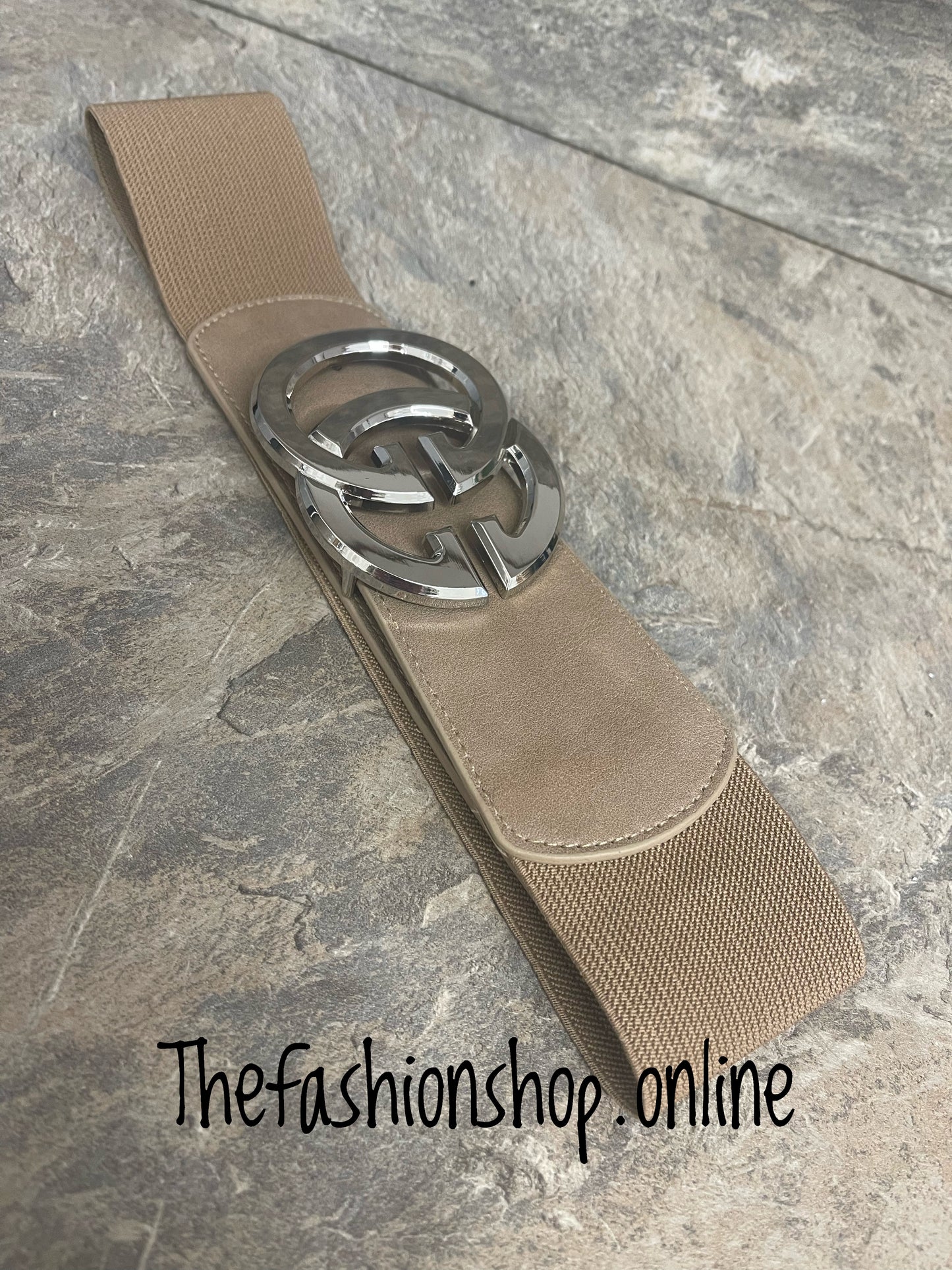 Camel elasticated belt with silver logo buckle