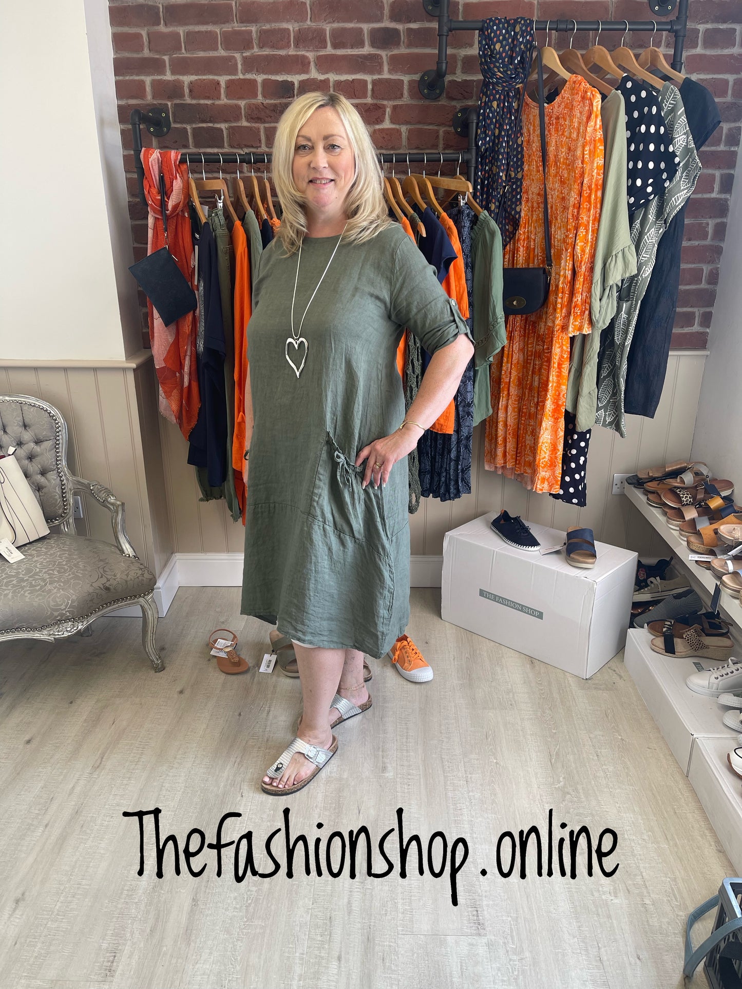 Khaki linen balloon dress 10-16