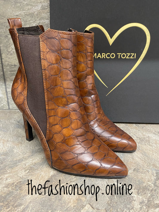 Marco Tozzi cognac mock croc heeled ankle boot 4-9