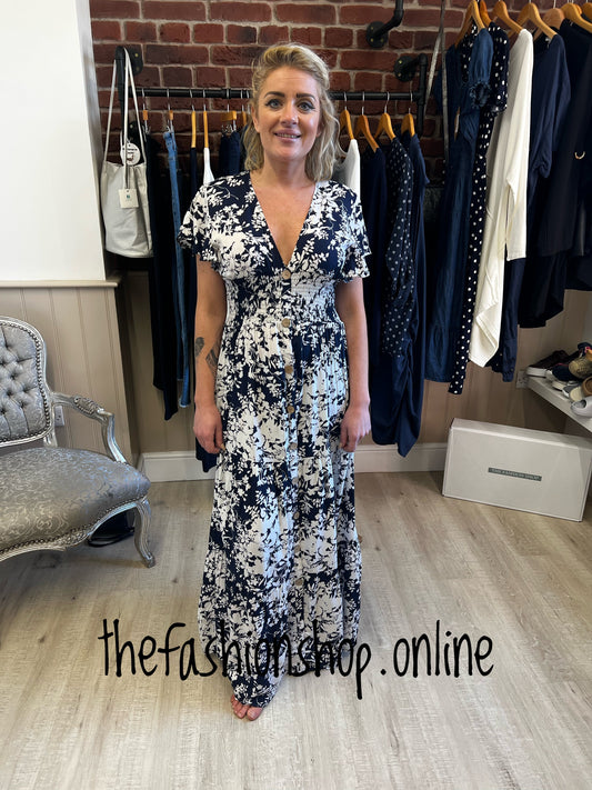 Navy and white v neck floral maxi dress 8-10, 12-14