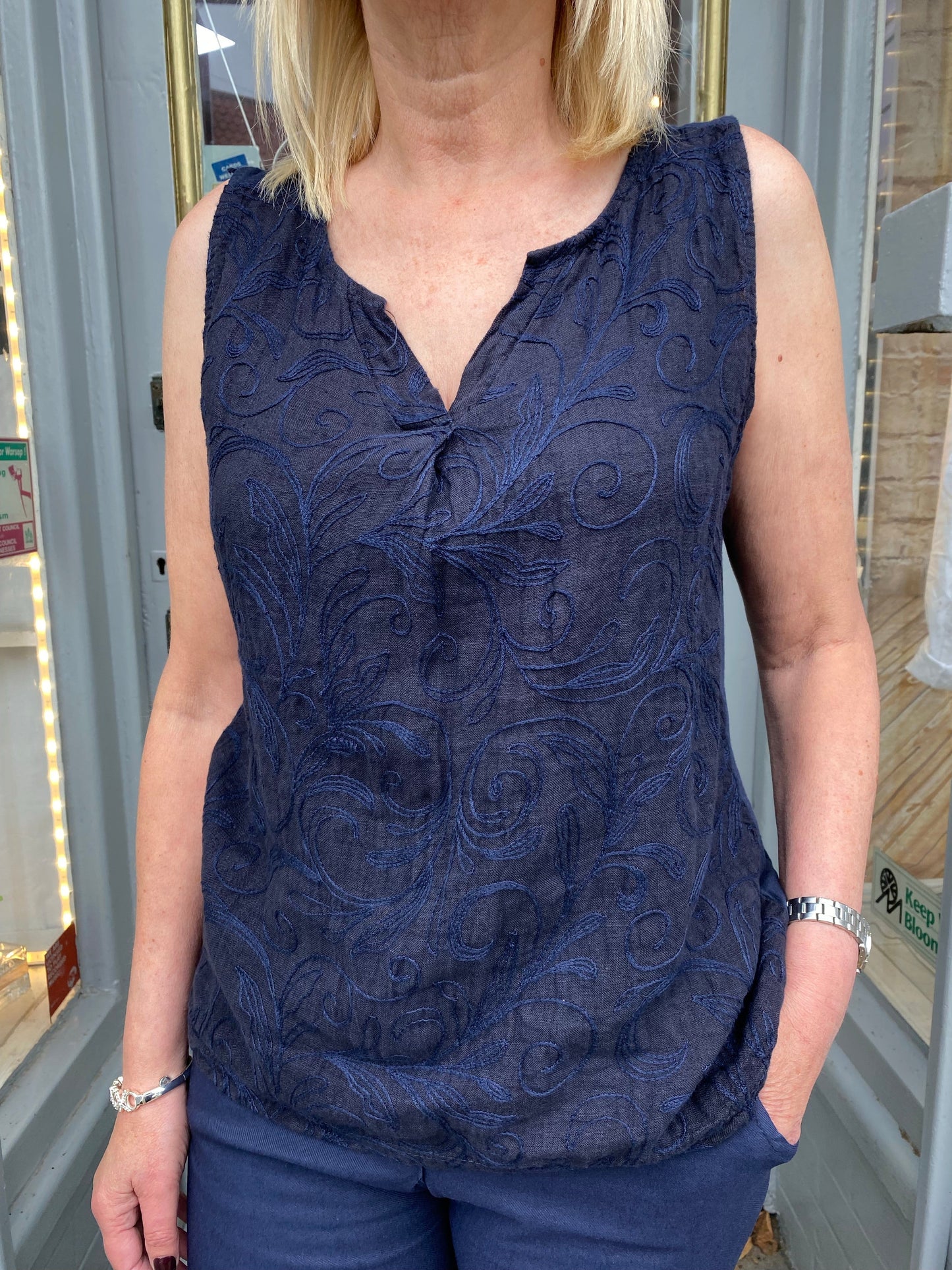 Navy linen mix embroidered vest top 8-14