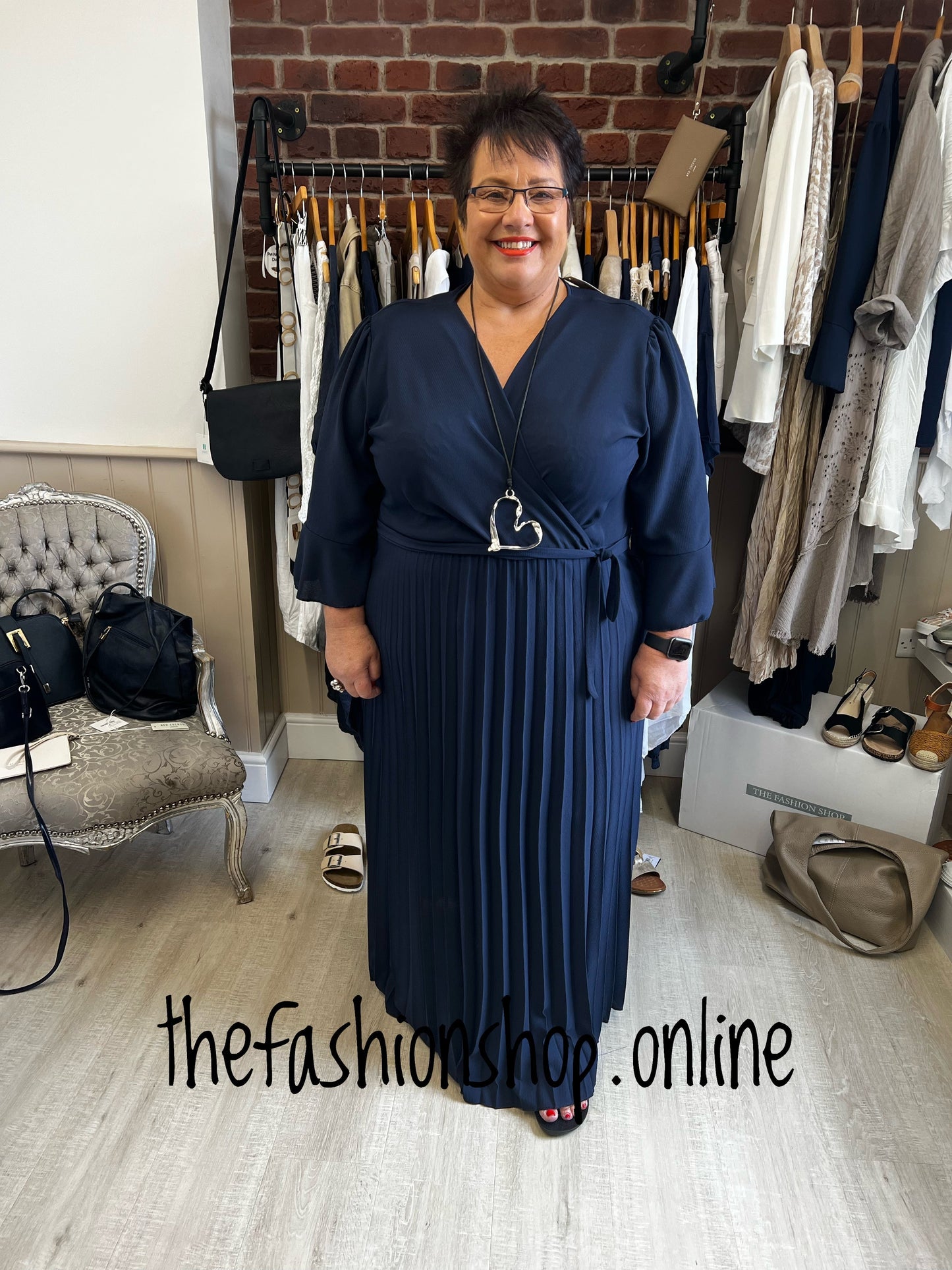 Plus size long navy pleated dress 16-26