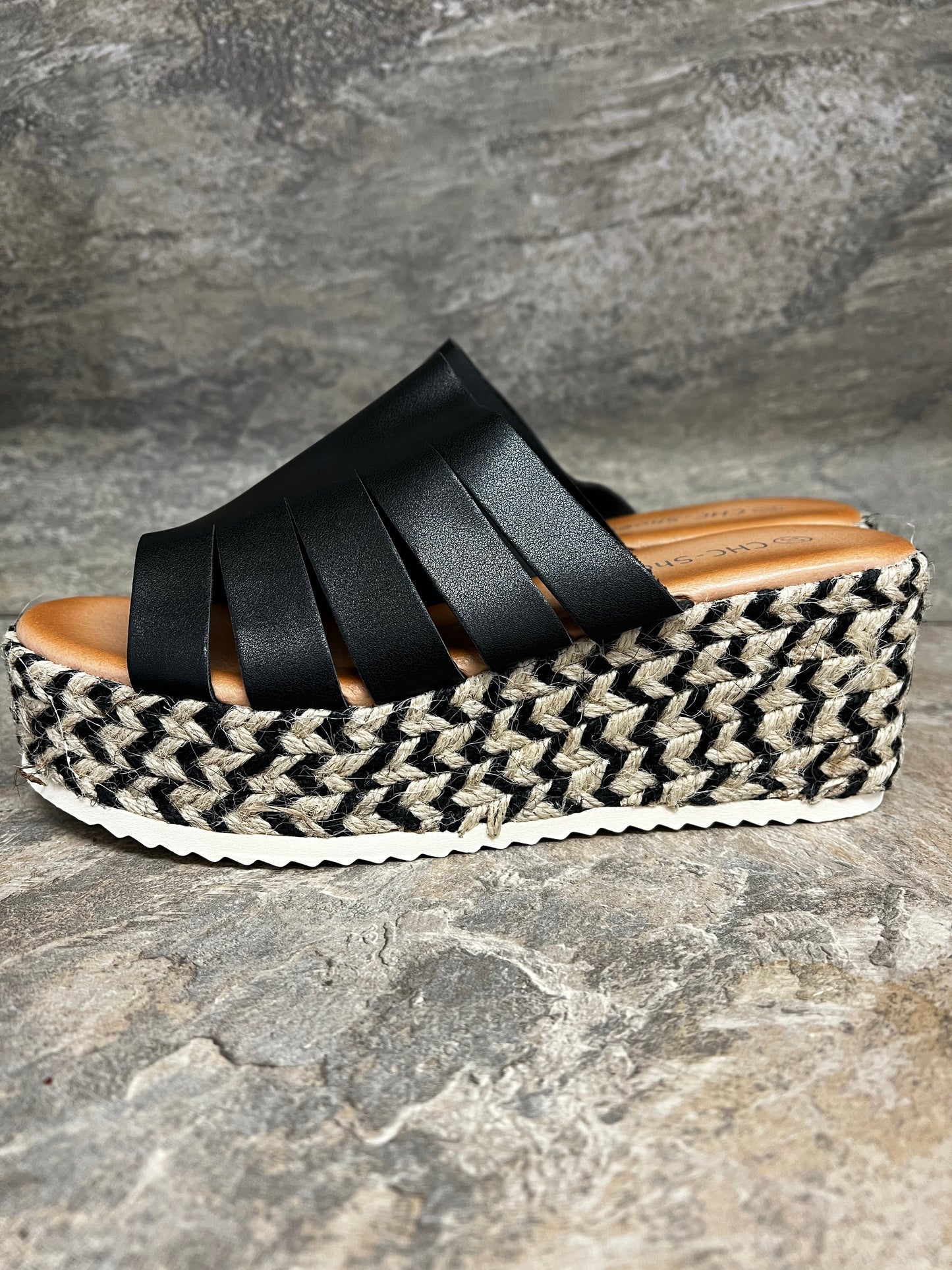 Black mule with hessian wedge sizes 3-8