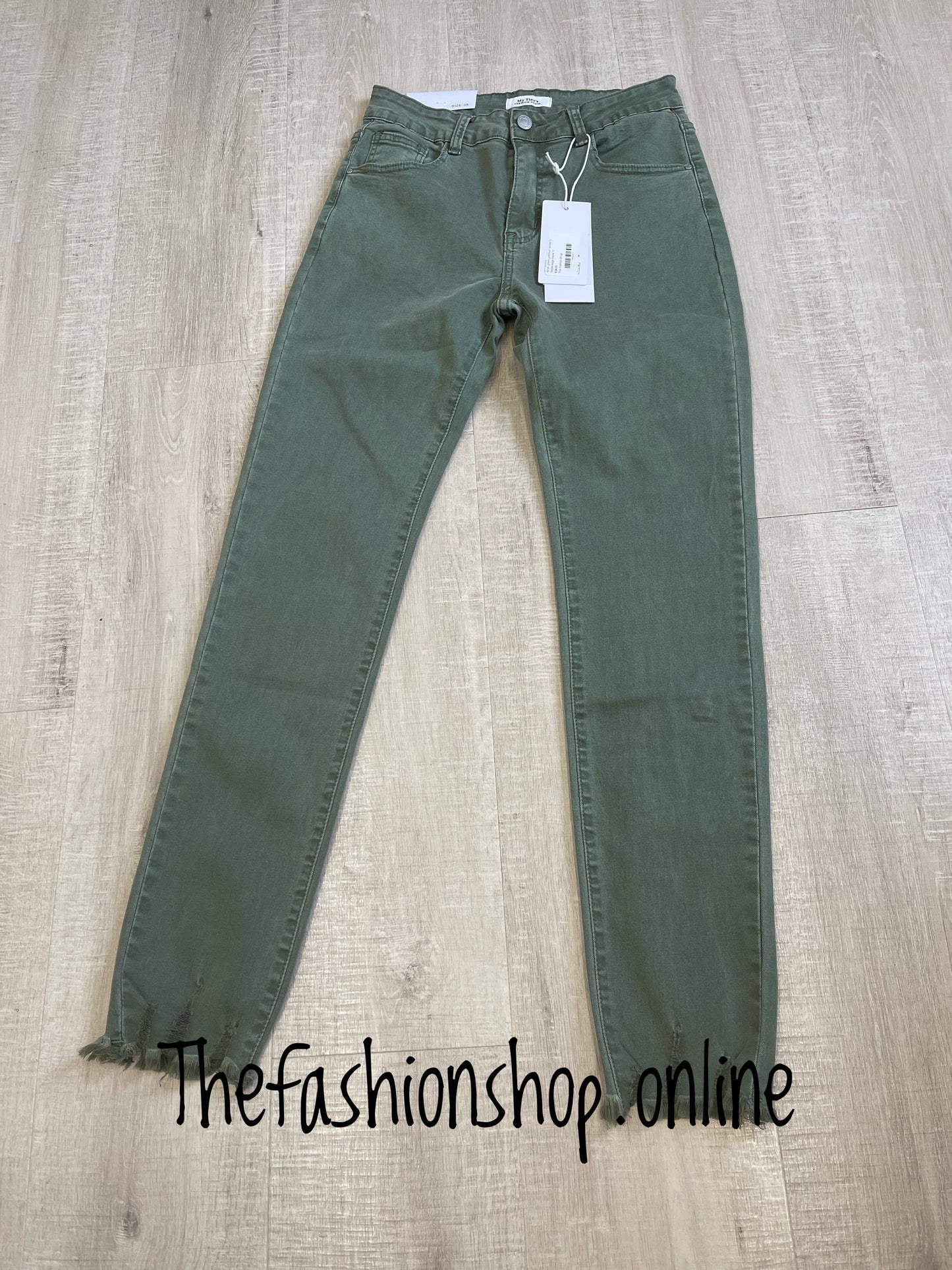 Khaki green premium ladies fit frayed edge jeans 10-20