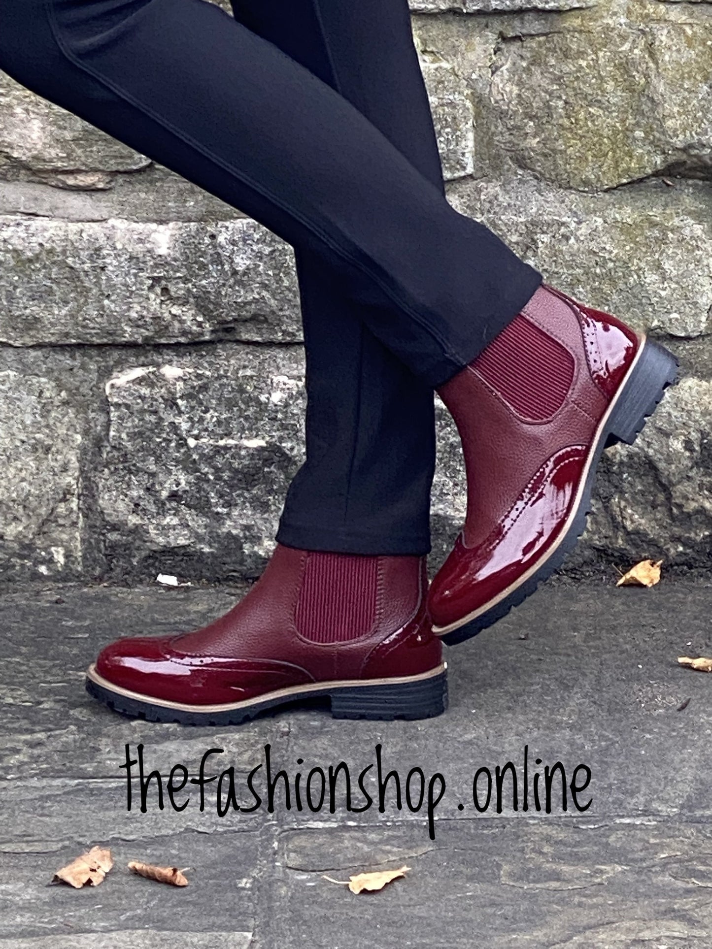 Wine ankle boot with patent brogue detail 3-8