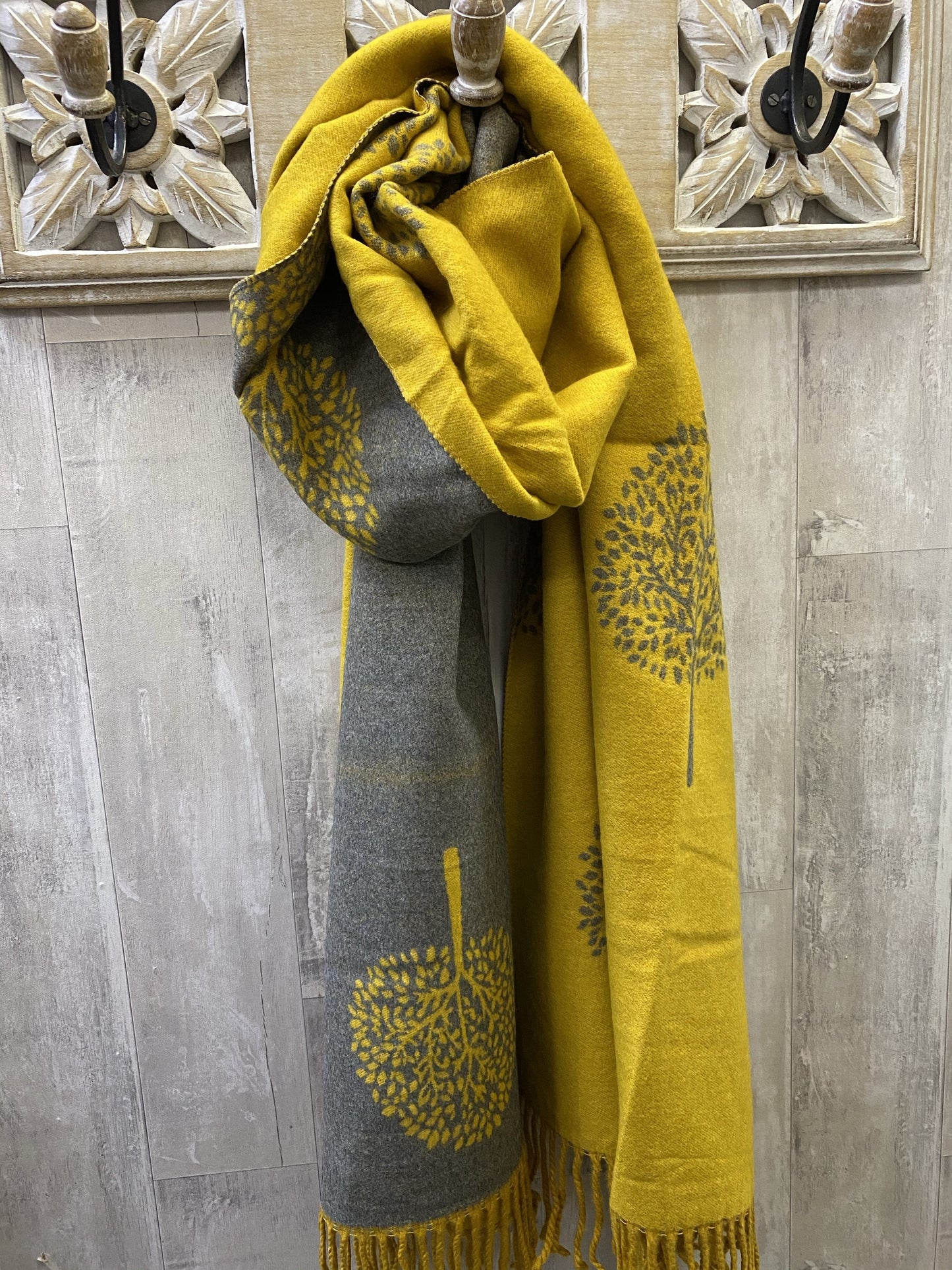 Mustard and grey tree of life cashmere scarf
