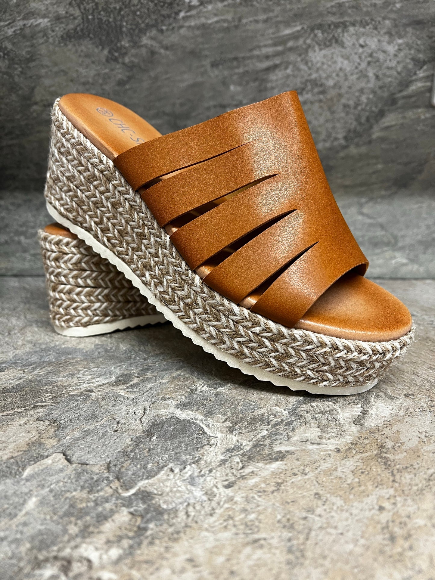 Tan mule with hessian wedge sizes 3-8