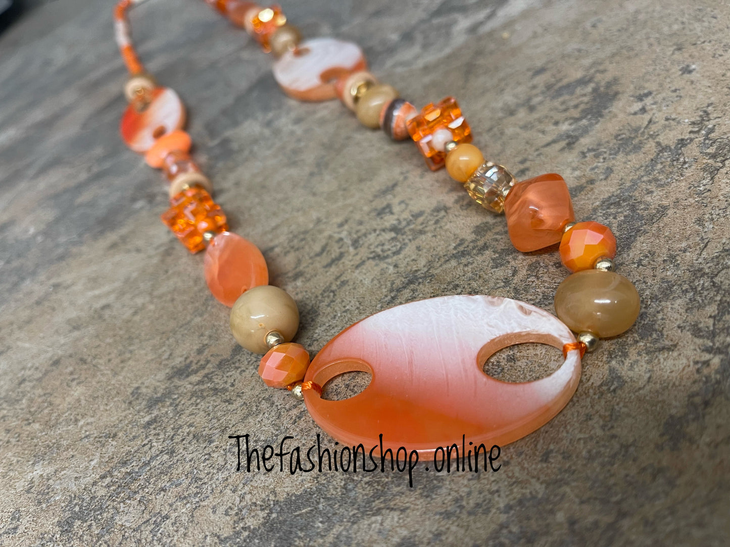 Orange flat disc sparkle necklace