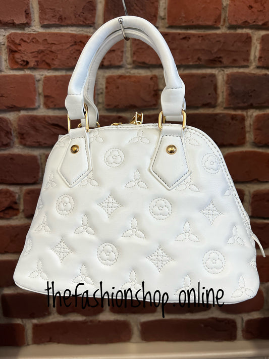 White designer inspired bag with gold hardware