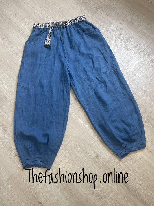 Denim blue linen trousers with funky belt 10-16