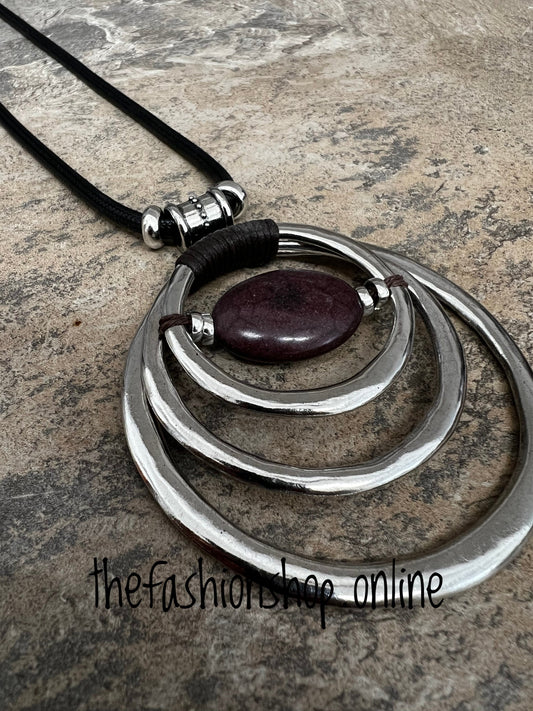 Silver with brown bead circles necklace